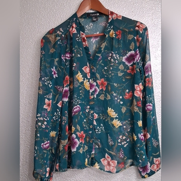 Floral Teal Button-Up Women's Top - Picture 9 of 14